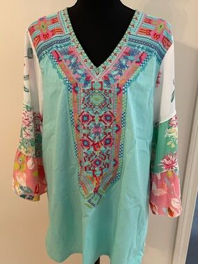 CALESSA Turquoise Blue Embroidered Boho Tunic Shirt Floral Bell Sleeves Hippie L